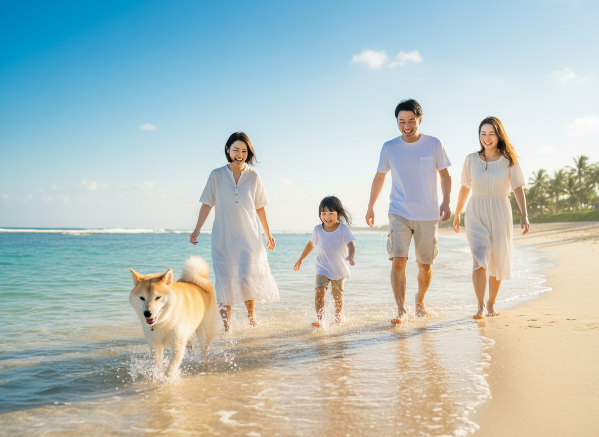 A warm, joyful scene of a Japanese family with their cute fluffy dog playing at a sunny beach. Bright blue sky, sparkling turquoise ocean water in the background. Family smiling and happy together with their pet. Soft, emotional, heartwarming atmosphere. Natural lighting, photorealistic style. Suitable as a semi-transparent hero background image.